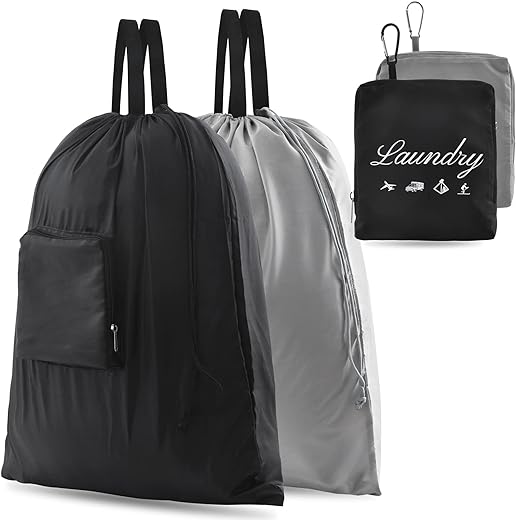 2 Pcs JHX Dirty Laundry Bag【Upgraded】 with Handles and Aluminum Carabiner, Collapsible Clothes Bag for Travel, Camp, Fitness, and Students (Black&Grey) 24