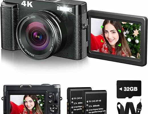 4K Digital Camera for Photography with 32GB Card Autofocus, 48MP Vlogging Camera for YouTube with Flash, Anti-Shake, 16x Zoom, 3'' 180° Flip Screen Compact Travel Camera for Teens Adults