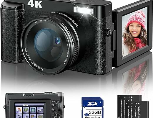 4K Digital Vlogging Camera - 48MP with Autofocus, Anti-Shake, SD Card, 3'' Flip Screen and Flash - 16X Zoom Travel Camera with 2 Batteries for Photography and Video