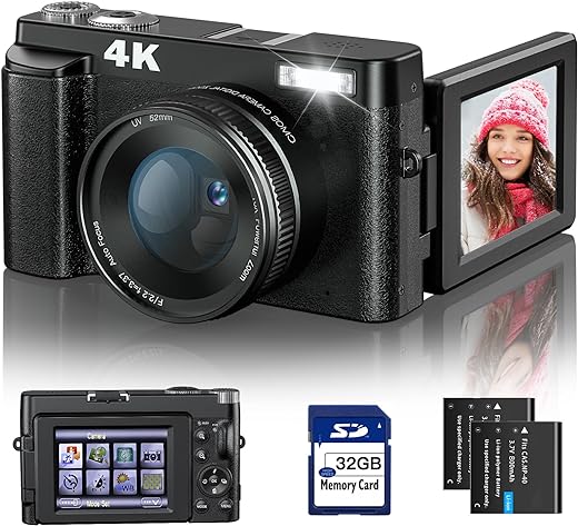 4K Digital Vlogging Camera - 48MP with Autofocus, Anti-Shake, SD Card, 3'' Flip Screen and Flash - 16X Zoom Travel Camera with 2 Batteries for Photography and Video