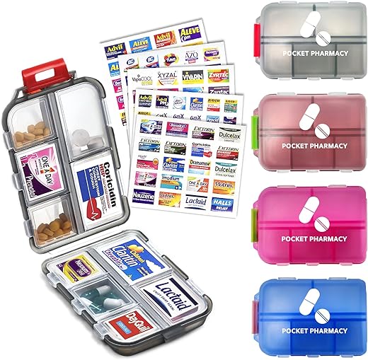 4Packs Pocket Pharmacy™ with Brand Labels, Portable Travel Med Wallet, Pocket Pill Box Dispenser Suitable for Storing Fish Oil Vitamin Medication, Etc.