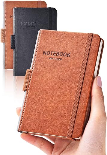 AISBUGUR Pocket Notebook Small Notebook 2-Pack, 3.5" x 5.5" Pocket Notebooks Hardcover with Thick Lined Paper, Inner Pockets, Cover Letter Embossing Design Mini Journal Notepad 1Black 1Brown Leather