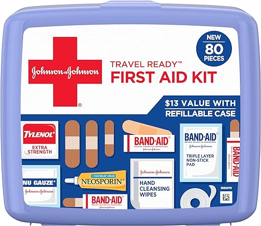 Band-Aid Travel Ready Portable Emergency First Aid Kit for Minor Wound Care with Assorted Adhesive Bandages, Gauze Pads & More, Ideal for Travel, Car & On-The-Go, 80 pc