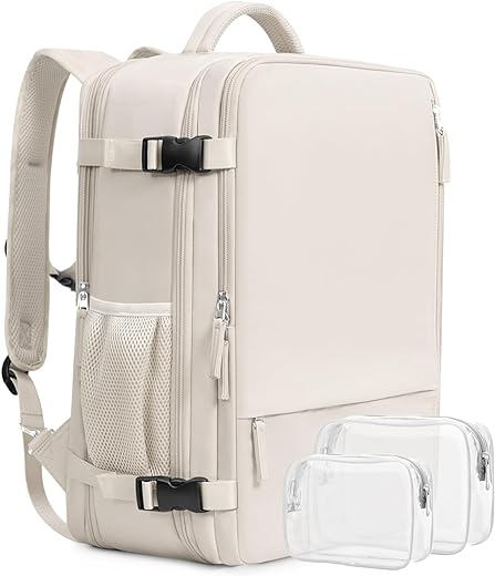 Beraliy Travel Backpack, Large Carry On Backpack, Personal Item Travel Bag, Airline Approved 17 Inch Laptop Backpack,College Weekender Business Hiking Bag, Beige