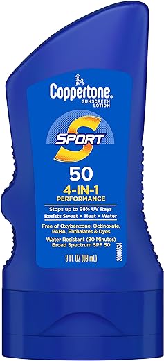 Coppertone SPORT Sunscreen SPF 50 Lotion, Water Resistant , Body Sunscreen Lotion, Travel Size , 3 Fl Oz