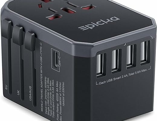 EPICKA Universal Travel Adapter One International Wall Charger AC Plug Adaptor with 5.6A Smart Power and 3.0A USB Type-C for USA EU UK AUS (TA-105, Grey)