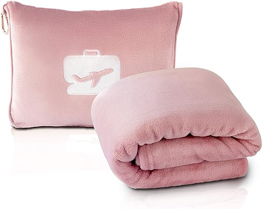 EverSnug Travel Blanket and Pillow - Premium Soft 2 in 1 Airplane Blanket with Soft Bag Pillowcase, Hand Luggage Sleeve and Backpack Clip (Light Pink)