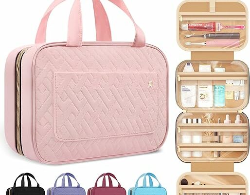 HOTOR Travel Toiletry Bag for Women with Hanging Hook - Portable Cosmetic Case, Toiletry Bag for Traveling Women, Waterproof Travel Essentials, Pink