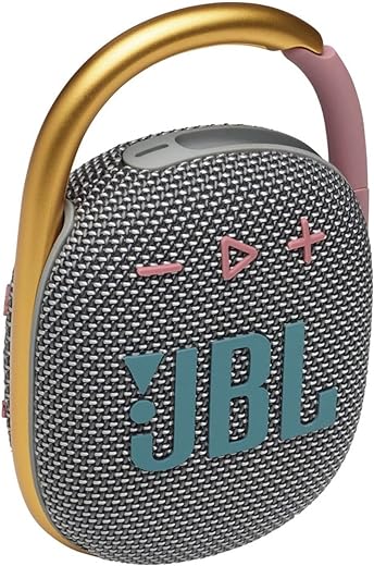 JBL Clip 4 - Portable Mini Bluetooth Speaker for home, outdoor and travel, big audio and punchy bass, integrated carabiner, IP67 waterproof and dustproof, 10 hours of playtime, (Gray)