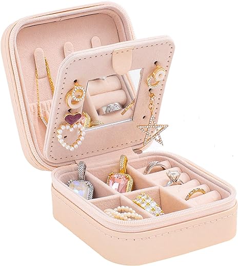 KElofoN Travel jewelry case Travel jewelry box Travel Jewelry Organizer Jewelry holder organizer Small Jewelry Organizer Box Gift for Girls Women with Mirror Christmas gift（Pink）