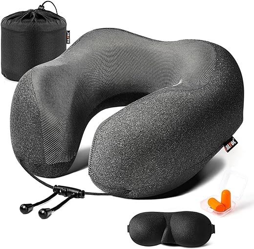 MLVOC Travel Pillow 100% Pure Memory Foam Neck Pillow, Comfortable & Breathable Cover, Machine Washable, Airplane Travel Kit with 3D Contoured Eye Masks, Earplugs, and Luxury Bag, Standard (Black)