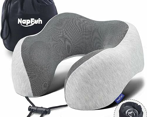 napfun Neck Pillow for Traveling, Upgraded Travel Neck Pillow for Airplane 100% Pure Memory Foam Travel Pillow for Flight Headrest Sleep, Portable Plane Accessories, Light Grey