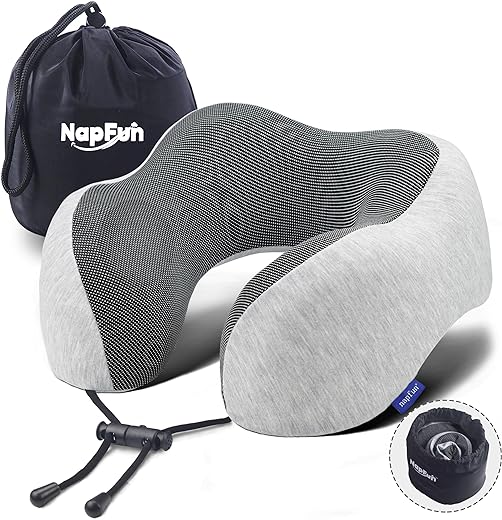 napfun Neck Pillow for Traveling, Upgraded Travel Neck Pillow for Airplane 100% Pure Memory Foam Travel Pillow for Flight Headrest Sleep, Portable Plane Accessories, Light Grey