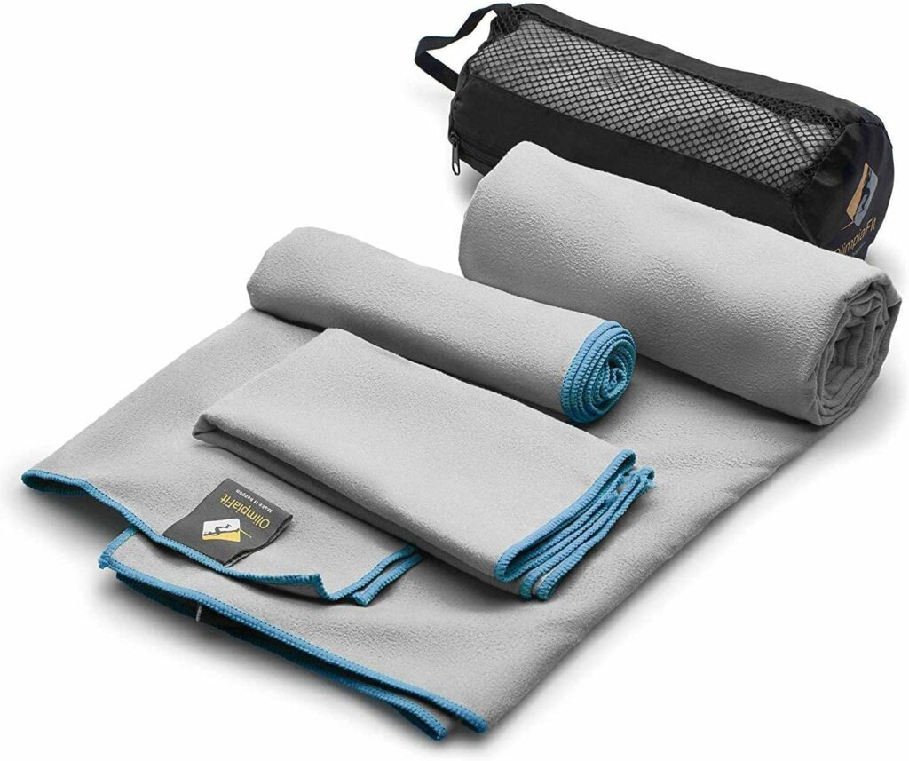 OlimpiaFit Quick Dry Towel - 3 Size Pack of Lightweight Microfiber Travel Towels w/Bag - Fast Drying Towel Set for Camping, Beach, Gym, Backpacking, Sports, Yoga & Swim Use