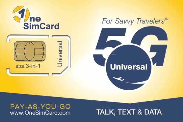OneSimCard Universal E 3-in-one SIM Card for use in over 200 Countries with $5 credit. Voice, Text and Mobile Data as low as $0.01 per MB. Compatible with All Unlocked GSM Phones. 4G in 50+ Countries.