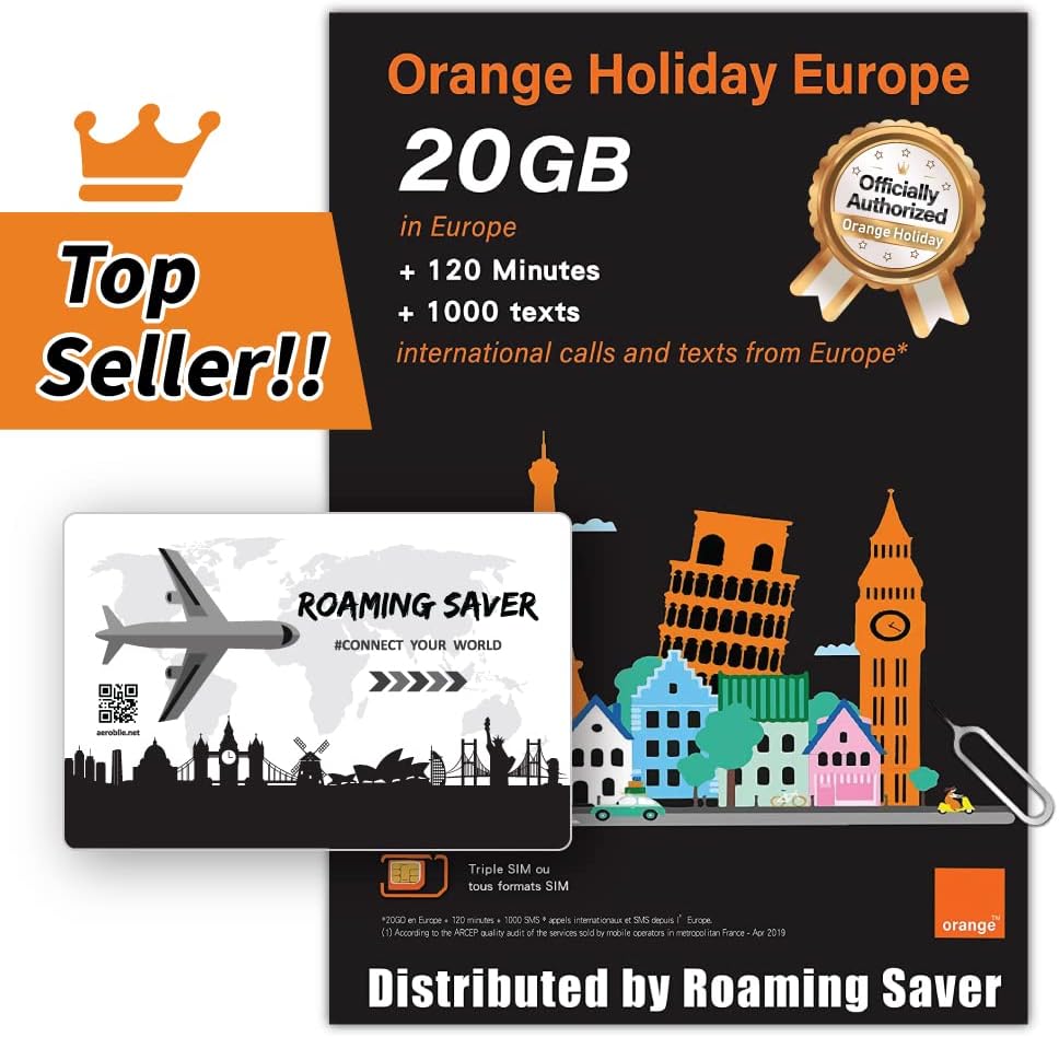 Orange Holiday Europe Prepaid SIM Card Combo Deal 30GB Internet Data in 4G/LTE (Data tethering Allowed) + 120min International Calls + 1000 Texts / 14 Days from Europe to Any Country World…