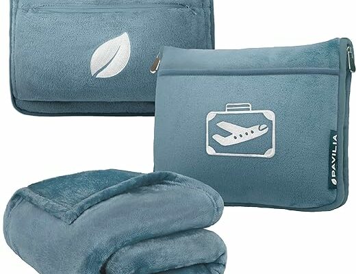 PAVILIA Travel Blanket Pillow in Soft Bag with Pockets, Airplane Blanket Set, Plane Blanket Compact Packable, Flight Essentials Car Pillow, Travelers Accessories Gifts, Luggage Strap, Dusty Light Blue