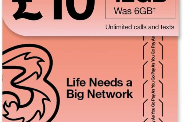 PrePaid Europe (UK THREE) sim card 12GB data+3000 minutes+3000 texts for 30 days with FREE ROAMING / USE in 71 destinations including all European countries