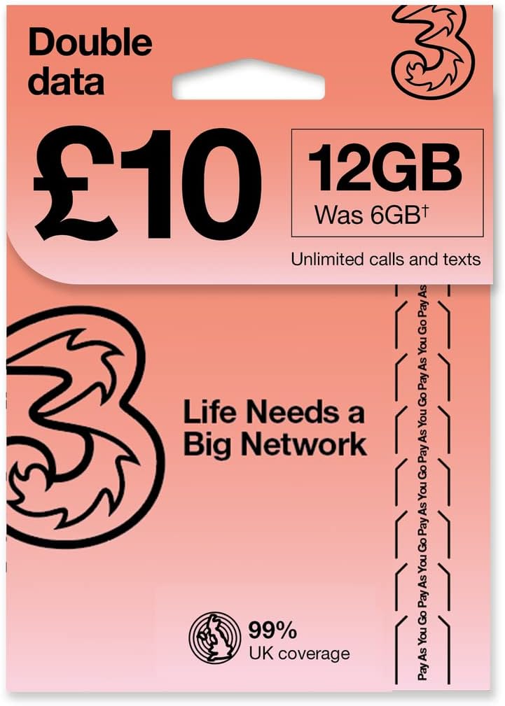 PrePaid Europe (UK THREE) sim card 12GB data+3000 minutes+3000 texts for 30 days with FREE ROAMING / USE in 71 destinations including all European countries