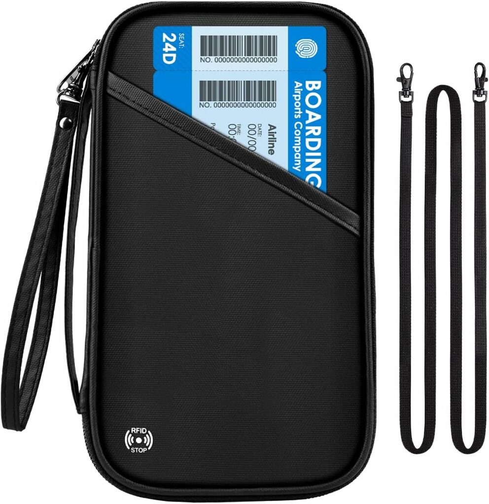 RFID Travel Passport Holder for Family - Large, Wallet Holder for Family Men Women, Lightweight Portable Travel Document Organizer Passport Card Cover with Zipper Pocket, Black