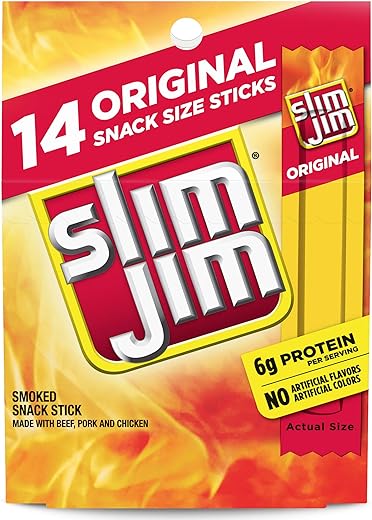 Slim Jim Snack Sized Original Smoked Snack Stick, Easy, On-the-Go School, Work and Travel Snacks, 0.28 OZ Meat Snacks, 14 Count