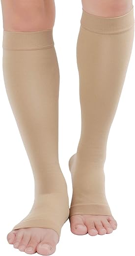 TOFLY® Compression Stockings (Pair), Grade Firm Support 20-30mmHg, Opaque, Unisex, Open Toe Knee High Compression Socks for Varicose Veins, Edema, Shin Splints, Nursing, Travel, Beige M