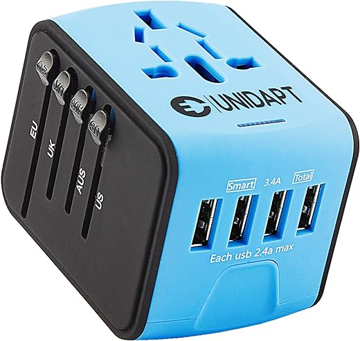 Unidapt Universal Travel Adapter, International Plug Adapter Fast 2,4A 4-USB European Power Plug, AC Wall Charger – Worldwide Outlet for Europe US USA UK EU AUS, Blue