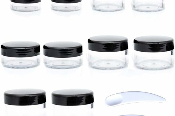 ZEJIA 10pcs Small Travel Containers, Black Sample Containers with Screw Lids, 5 Size 3/5/10/15/20 Gram Sample Jars with 12pcs Labels and 2pcs Mini Disposable Spatula, Makeup Sample Containers BPA Free