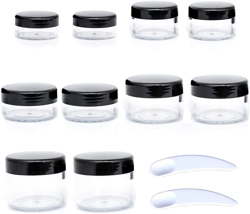 ZEJIA 10pcs Small Travel Containers, Black Sample Containers with Screw Lids, 5 Size 3/5/10/15/20 Gram Sample Jars with 12pcs Labels and 2pcs Mini Disposable Spatula, Makeup Sample Containers BPA Free